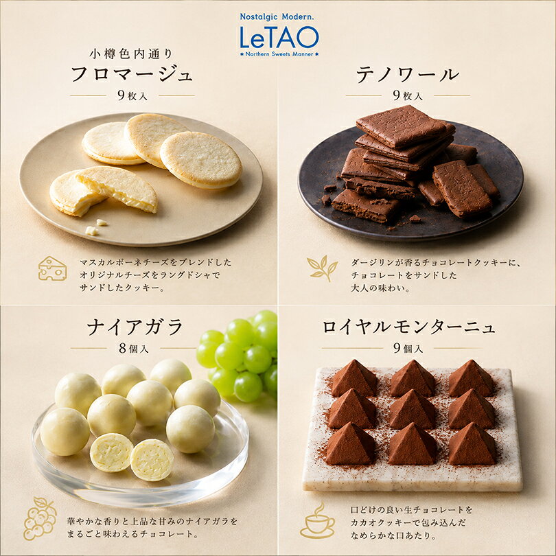 ルタオ 4種セット 食べ比べ 色内通り 9枚 テノワール 9枚 ナイアガラ ロイヤルモンターニュ チョコレート チョコ クッキー ラングドシャ 送料無料 スイーツ お菓子 焼き菓子 洋菓子 ギフト プレゼント 内祝い お礼 お返し 高級 LeTAO tidoriya-10002701 souvenirshop ちどりや サンプル画像2