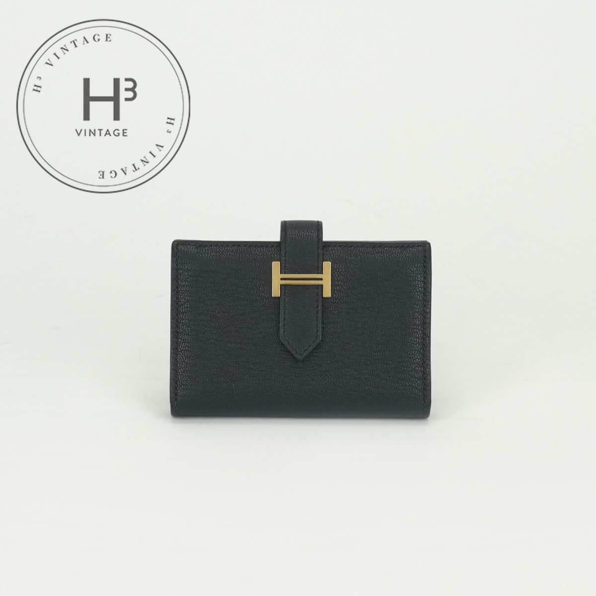 N - エルメス HERMES ベアンミニ ベアン ミニ 小銭入れ付き 財布 二つ折り財布 ミニ財布 ミニウォレット シェーブル ノワール Noir ブラック Black 黒 ゴールド金具 コンパクト財布
