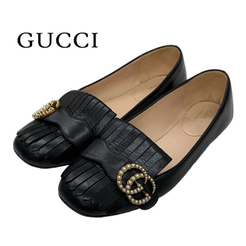 グッチ グッチ GUCCI パンプス フラットシューズ フラットパンプス ダブルG GGマーモント フリンジ パール レザー ブラック ギフトプレゼント 送料無料