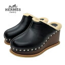 未使用 エルメス HERMES アース サンダル 靴 シューズ レザー ムートン ウッド ブラック サボ ミュール スタッズ ウェッジソール ギフト プレゼント...