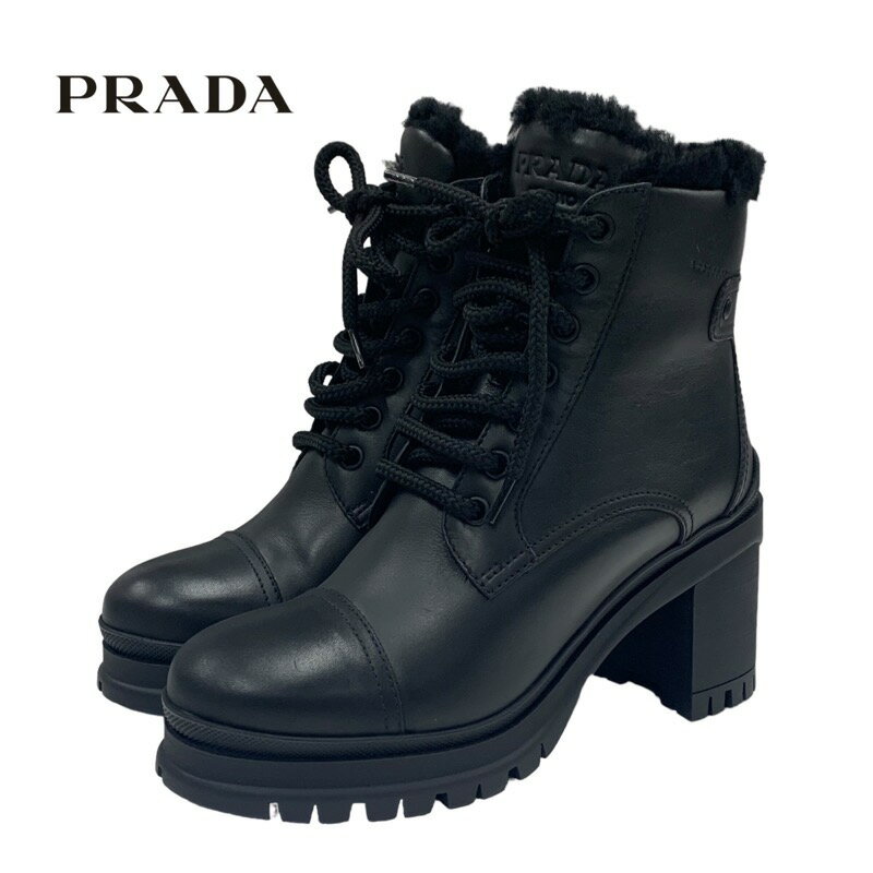 未使用 プラダ PRADA ブーツ ショートブーツ ムートンブーツ 靴 シューズ レースアップ ロゴ レザー ブラック 黒 ギフト プレゼント 送料無料