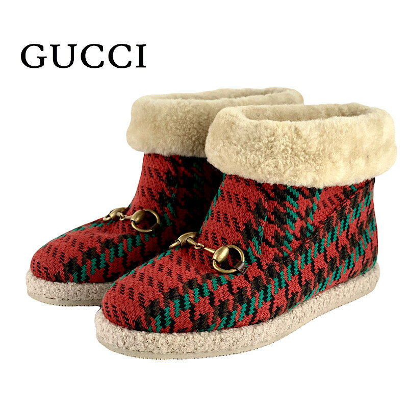 グッチ GUCCI ブーツ ショートブーツ 靴 シューズ ウール ムートン レッド ムートンブーツ ホースビット 千鳥格子