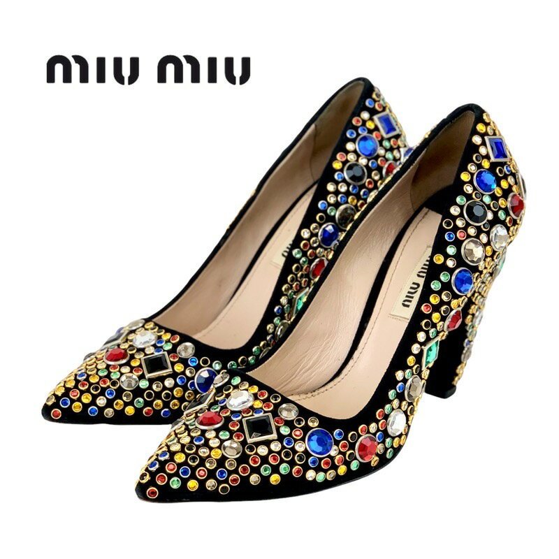 ミュウミュウ ミュウミュウ MIUMIU パンプス 靴 シューズ スエード ブラック マルチカラー ビジュー パーティーシューズ