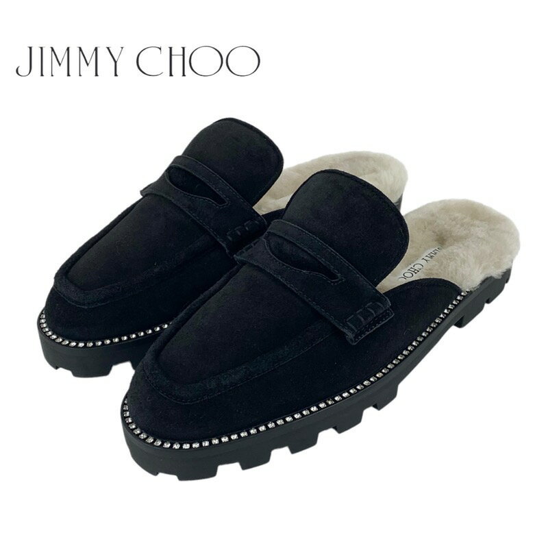 ジミーチュウ JIMMY CHOO フラットシューズ スリッポン 靴 シューズ スエード ファー ブラック ベージュ 未使用 ミュール ラインストーン