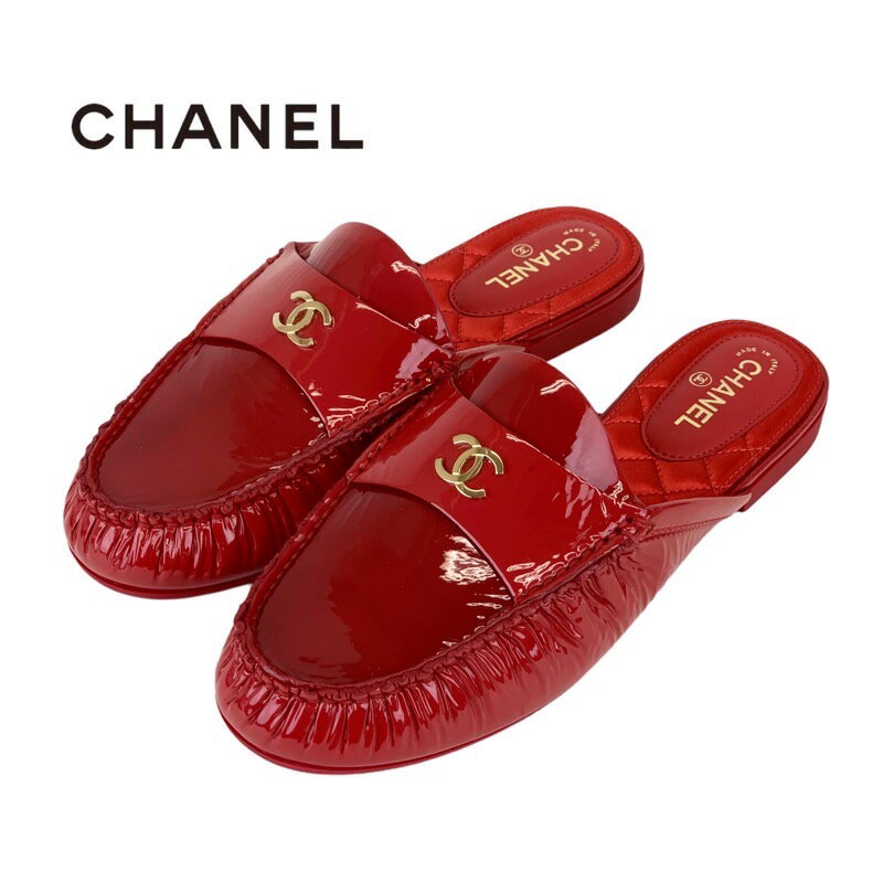 シャネル シャネル CHANEL フラットシューズ 靴 シューズ パテント レッド ゴールド ミュール ココマーク