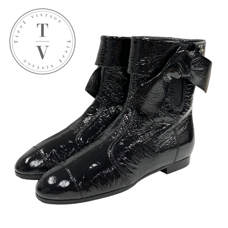 シャネル CHANEL ブーツ ショートブーツ 靴 シューズ パテント ブラック 黒 ココマーク シワ加工 サイドゴア リボン