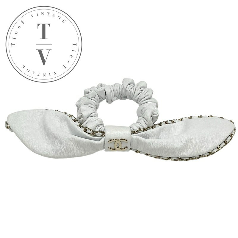 シャネル CHANEL ヘアアクセサリー ホワイト ゴールド ココマーク チェーン リボン シュシュ ヘアゴム