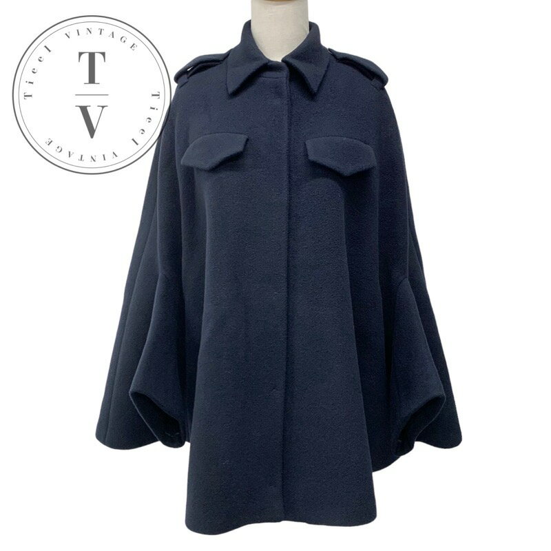 プラダ PRADA アウター ネイビー シングルブレスト キャバンジャケット トライアングル ポンチョ ケープ