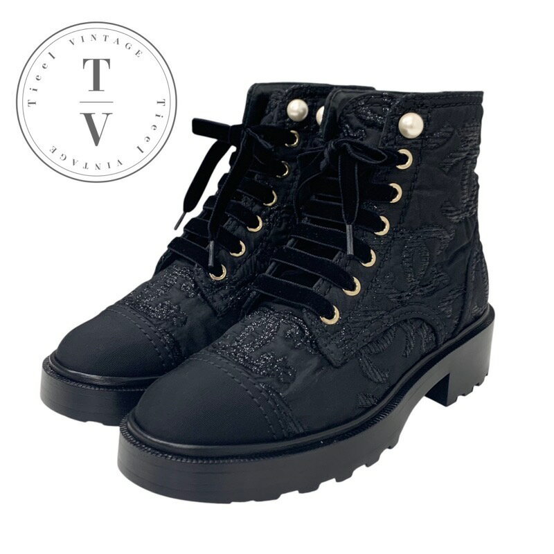 シャネル CHANEL ブーツ ショートブーツ 靴 シューズ ファブリック ブラック 黒 ココマーク レースアッ..