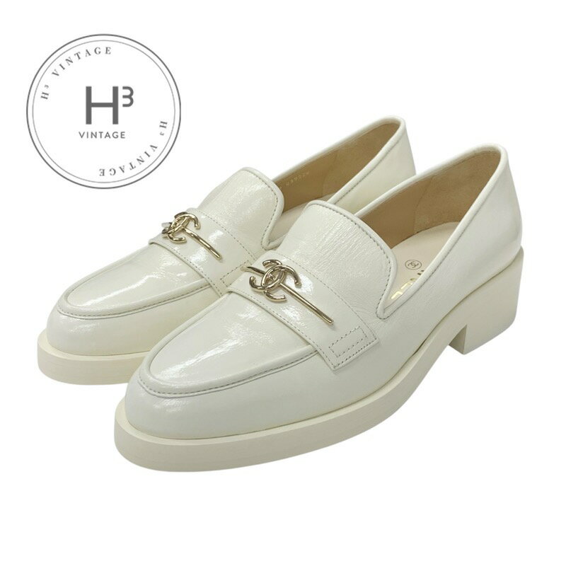 シャネル CHANEL ローファー 革靴 靴 シューズ レザー ホワイト 白 ゴールド ココマーク