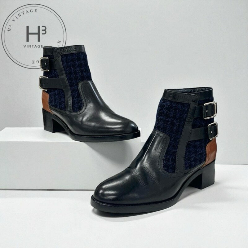 シャネル CHANEL ブーツ ショートブーツ 靴 シューズ ツイード ブラック ネイビー ブラウン ロゴ ベルト