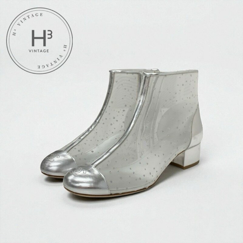 シャネル CHANEL ブーツ ショートブーツ 靴 シューズ メッシュ レザー シルバー ココマーク
