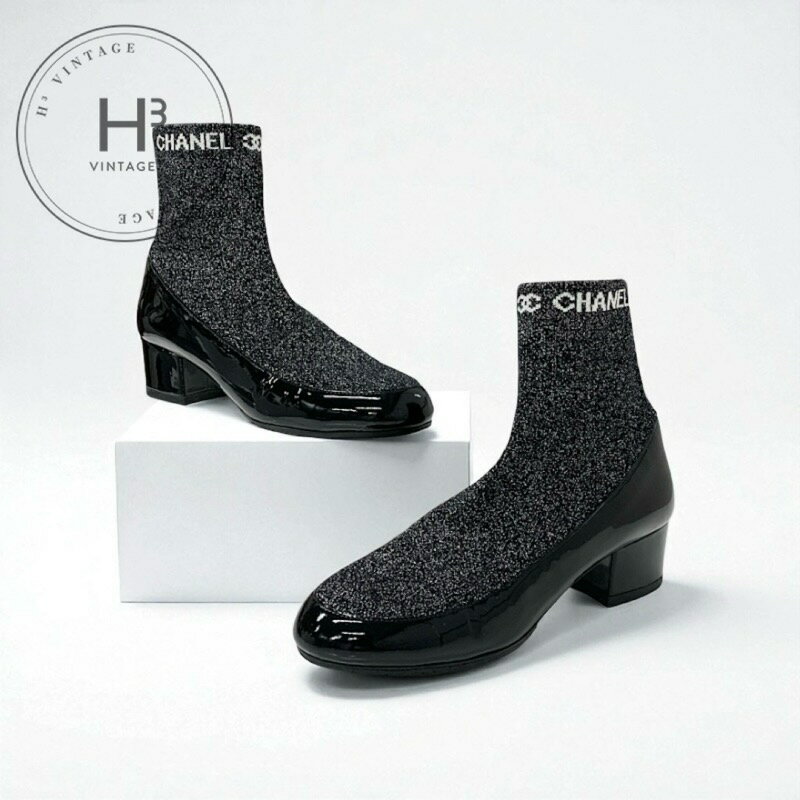 シャネル CHANEL ブーツ ショートブーツ 靴 シューズ パテント ファブリック ブラック シルバー ココマ..