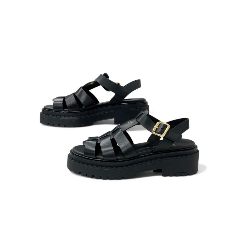 プラダ PRADA サンダル 靴 シューズ レザー ブラック 黒 ゴールド ロゴ ストラップ