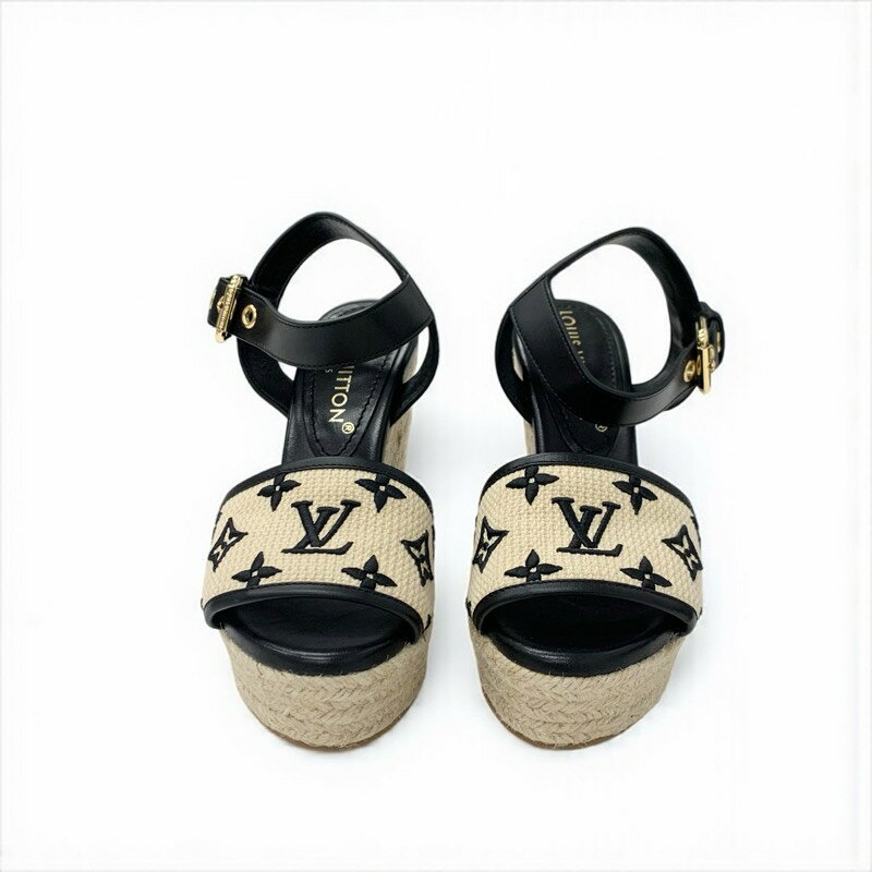 ルイヴィトン LOUIS VUITTON スターボードライン モノグラム サンダル 靴 シューズ レザー ファブリック ブラック ベージュ ウェッジソール