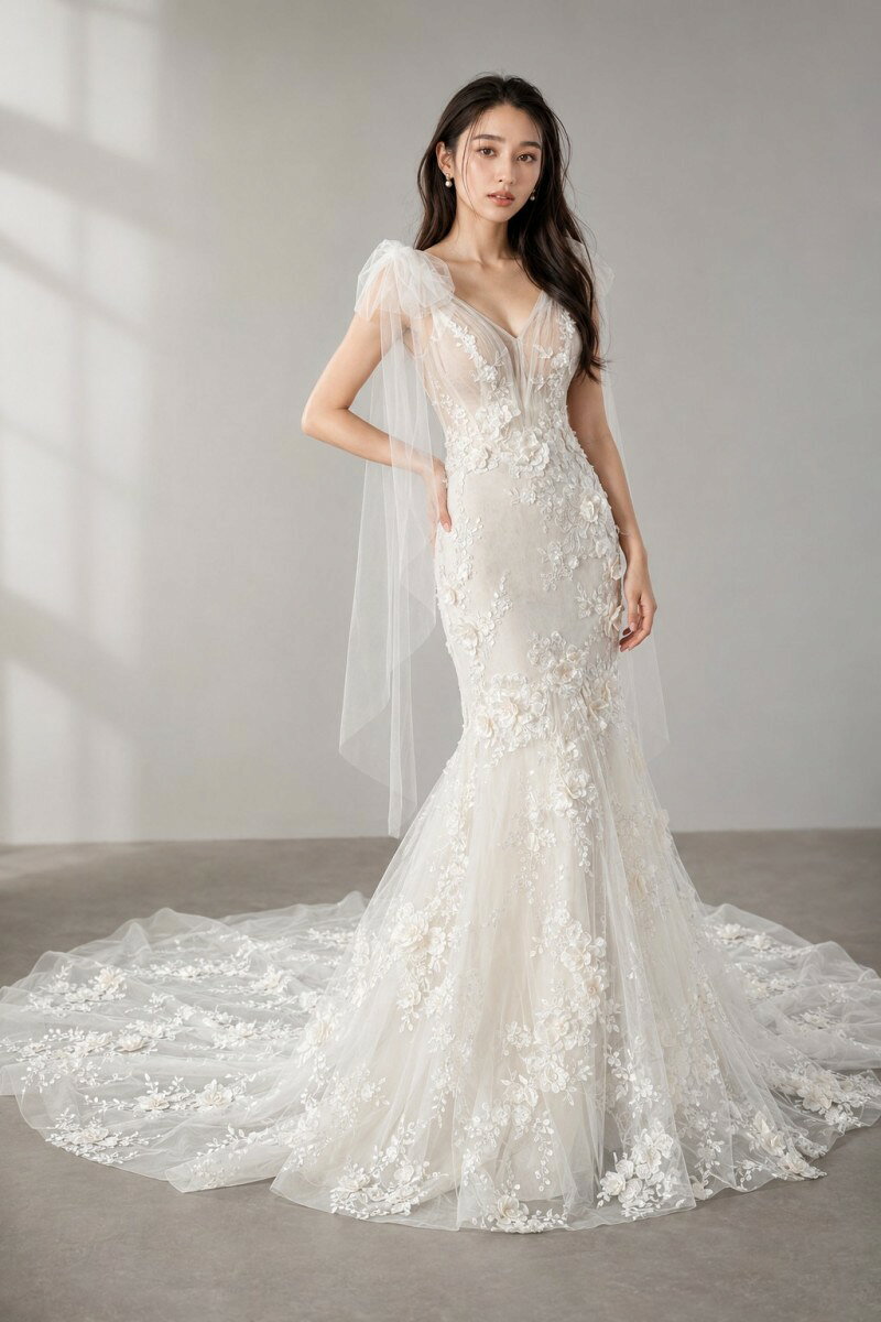 乐天商城 - ガリアラハヴ Galia Lahav GALA104 G-104 マーメイドライン ウェディングドレス ホワイト 白 フラワーモチーフ　立体刺繍　リボン　シフォン　オープンバッグ