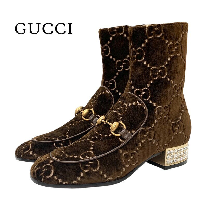 未使用 グッチ GUCCI ブーツ ショートブーツ 靴 シューズ GG ホースビット ビジュー ベロア ブラウン ゴールド ギフト プレゼント 送料無料