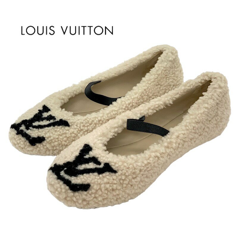 ルイヴィトン LOUIS VUITTON ポピライン フラットシューズ バレエシューズ 靴 シューズ LVロゴ ムートン ベージュ ギフト プレゼント 送料無料