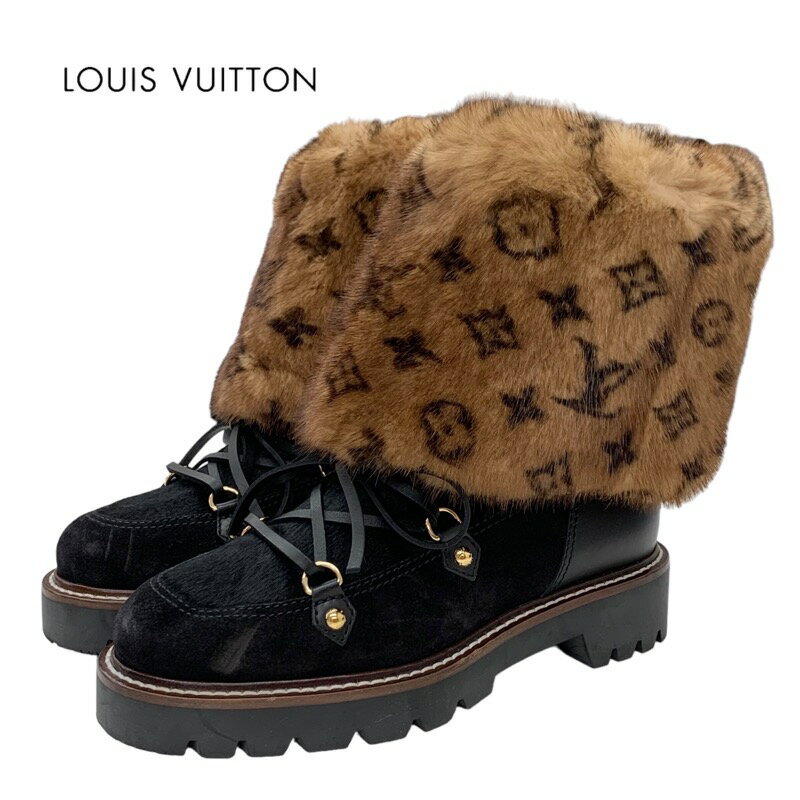 ルイヴィトン LOUIS VUITTON テリトリーライン モノグラム ブーツ ショートブーツ アンクルブーツ ムートンブーツ 靴 シューズ レースアップ ファー ブラック ブラウン ギフト プレゼント 送料無料