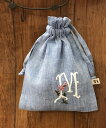 ハンドメイド花柄手刺繍*イニシャル巾着《ブルー》(4)