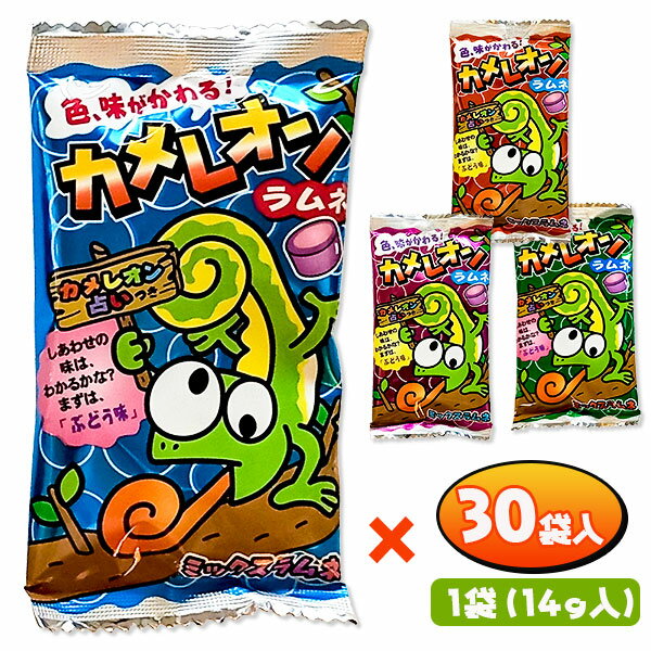 【沖縄・離島への配送について】 大変申し訳ございませんが、沖縄県・離島地域(及び一部の地域)への発送は当店ではできかねます。 沖縄県・離島地域(及び一部の地域)への発送ご希望のお客様は当店姉妹サイト「こどもモールタイガーキャット」にて改めてご注文下さい。 【商品サイズ】 約11.5×6×1cm（1袋） 【主な仕様】 1袋(約14g)×30袋入｜カメレオン占い付き｜色・味が変わる(ブドウ味→ピーチ・メロン・オレンジ・ソーダ・コーラ味の5種類のうちどれか)｜賞味期限：製造日より365日｜※賞味期限は配達指定日より1ヶ月以上ある商品を出荷しています。(催事商品を除く)｜※複数ご注文いただいた場合、賞味期限が全て同じ日付の物でお届けできない場合がございます。｜※原材料・アレルギー表示は変更する場合がございます。 【商品説明】 なめていると色と味が変わる！？不思議なカメレオンラムネです☆ 【関連キーワード】 お菓子 カメレオン ラムネ 味が変わる 駄菓子 スナック菓子 景品 自治会 お楽しみ会 販促 業務用 おやつ 子供 こども イベント 学園祭 文化祭 祭り ひなまつり ホワイトデー { 祭り こどもの日 卒業 卒園 進級 新学期 入学準備 入園準備 入学祝い 記念品 かわいい かっこいい お祝い }