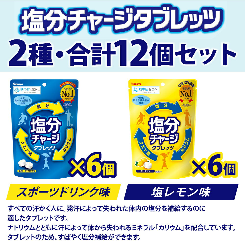 【 送料無料 あす楽 】 カバヤ 塩分チャージ タブレッツ 食べ比べ 2種12袋 詰め合わせ アソート セット まとめ買い（ スポーツドリンク 味 ×6袋 塩レモン味 ×6袋 計12個 ）塩分補給 塩タブレット 塩分 塩飴 レモン 2