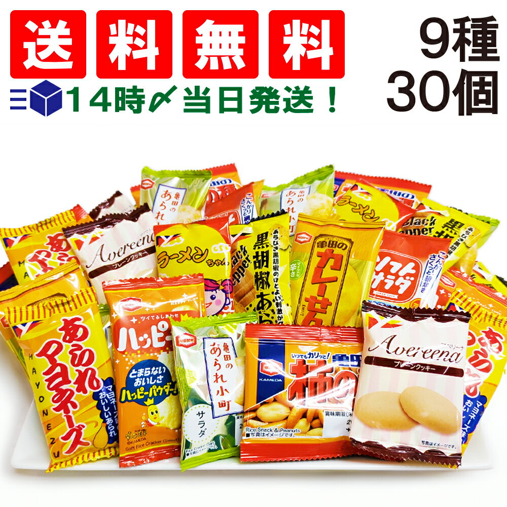 【 送料無料 あす楽 】亀田製菓 ヤスイフーズ ミニお菓子 9種 【計30個】 セット（ハッピーターン カレーせん ソフトサラダ あられ小町 柿の種 黒胡椒あられ あられマヨネーズ ラーメンちゃん アベリーナプレーンクッキー）