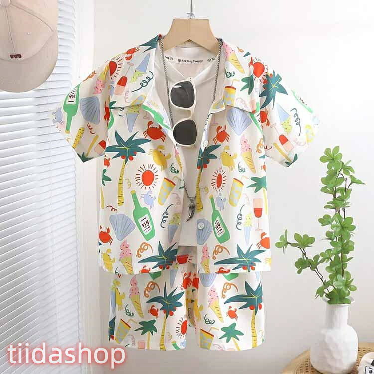 TIIDAshop楽天市場店の女の子 セットアップ ショートパンツ 上下セット アロハシャツ 子供用 ベビー服 ハーフパンツ 子供服 子ども 2点セット 男の子 半袖シャツ 総柄｜アングル3