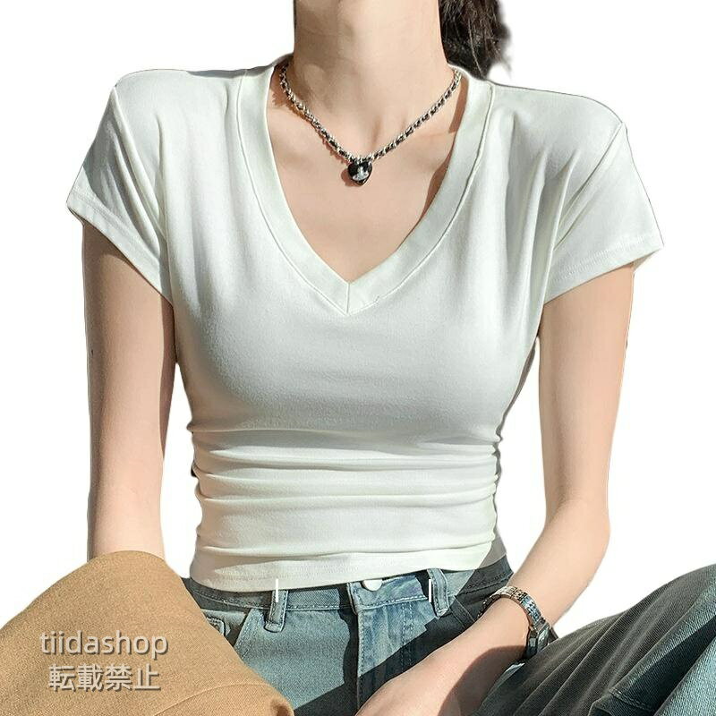 Rakuten - tシャツ レディース カットソー 半袖 vネック ス タイトフィット 伸縮性 エレガント シンプル 無地 カジュアル オフィス 通勤 春夏 スリム