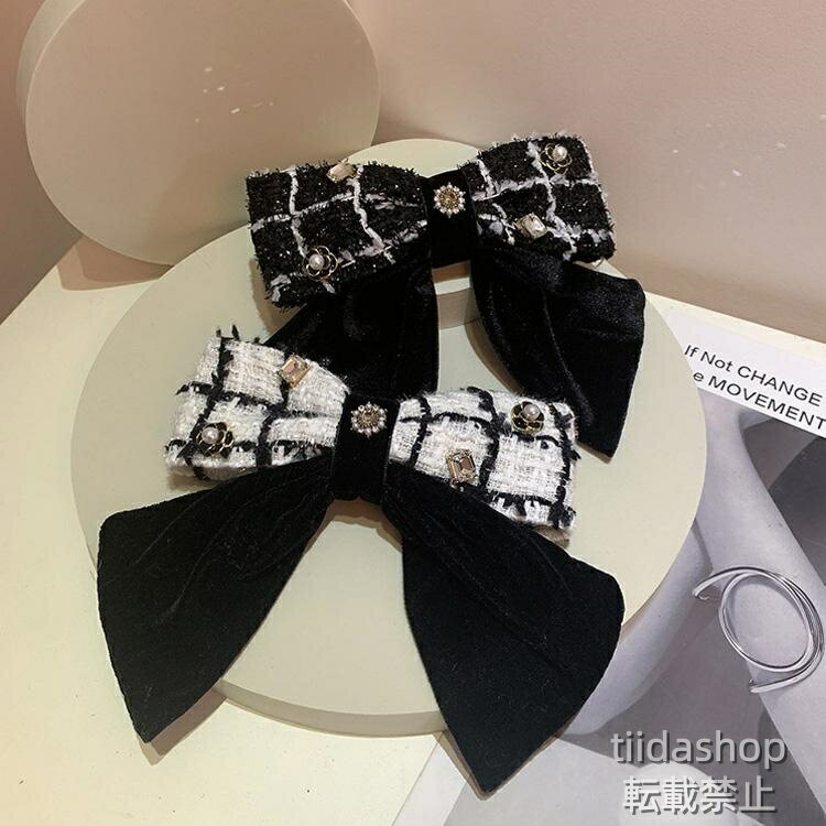 Rakuten - バレッタ 全2色 リボン ツイード風 ベロア ビジュー パール ヘアアクセサリー デイリー 大きめ 黒 結婚式 髪留め 成人式 二次会 謝恩会