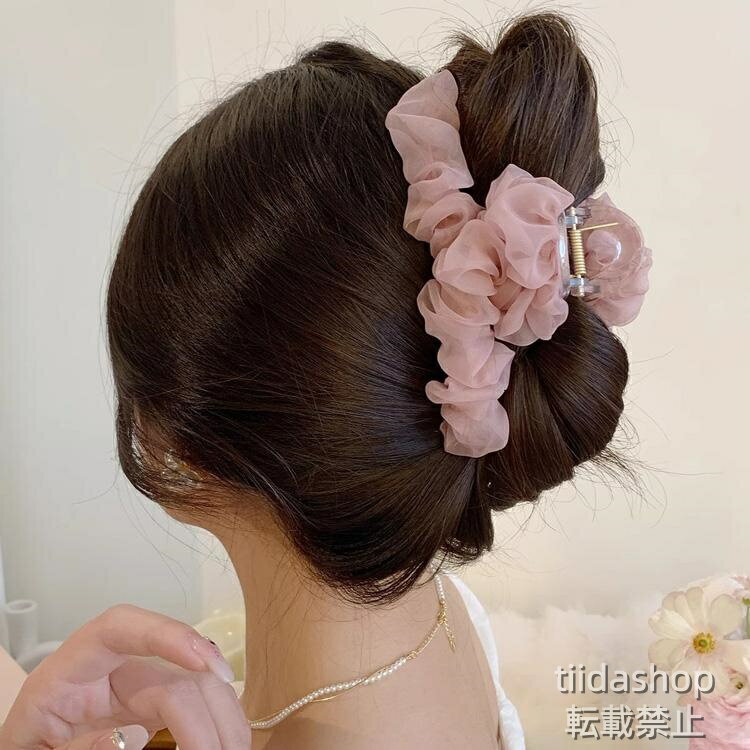 Rakuten - ヘアクリップ 全4色 オーガンジー バンスクリップ シースルー ヘアアクセサリー 大きい 大きめ 黒 結婚式 成人式 謝恩会 髪留め acc00176