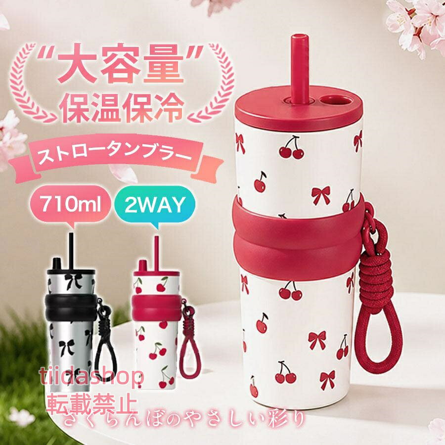 ■商品説明 リボンデザインとチェリーモチーフを取り入れた、ガーリーで印象的なオリジナルストローダンブラー。 甘さの中に程よい大人感を添え、持つだけで気分が高まる一本です。 通勤・オフィス・車内・アウトドア・旅行・居家まで、幅広いシーンで活躍する実用性も魅力。 ストロー＆直飲みの2WAY仕様。シーンや気分に合わせて、快適な飲み方が選べます。 漏れ防止構造採用で、保温・保冷機能も備わっており、持ち運び時も安心。 --------------------------------------------------------------------- ■商品仕様 素材:ステンレス、その他。 容量:710ml 重量:約380g サイズ:約7×24cm 飲み口直径:約8.4cm --------------------------------------------------------------------- ■注意事項 ・チャームは付属しません ・高温での煮沸消毒は禁止です。 ・電子レンジ・食洗機の使用は禁止です。