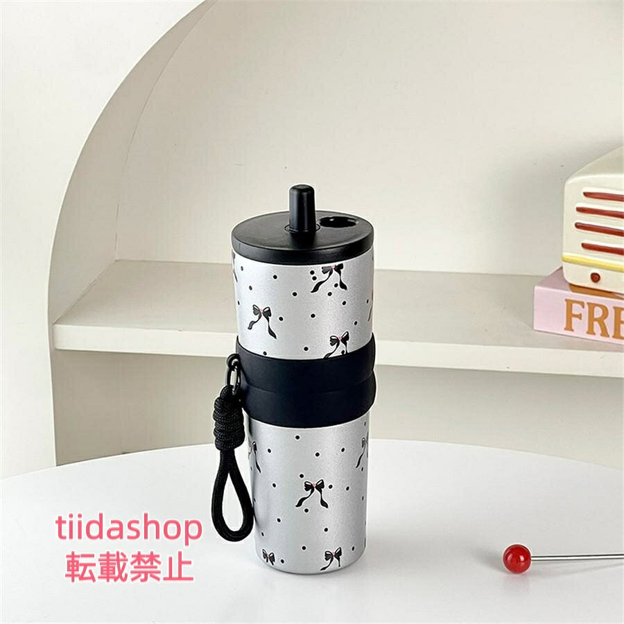 タンブラー 水筒 魔法瓶 ストロ付き 710ml ステンレス 2way 直飲み リボン 保温 保...