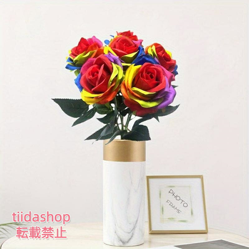 造花 薔薇 バラ レインボー 6本セット おしゃれ かわいい インテリア 人工 フェイク フラワー デコレーション プレゼント