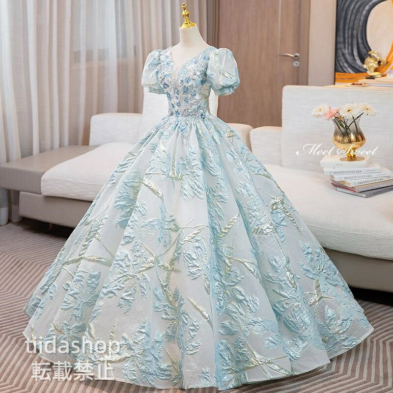 カラードレス プリンセスライン 青 ブルー パフスリーブ 半袖 ロングドレス ウェディングドレス 結婚式 二次会 花嫁 前撮り 演奏会 発表会