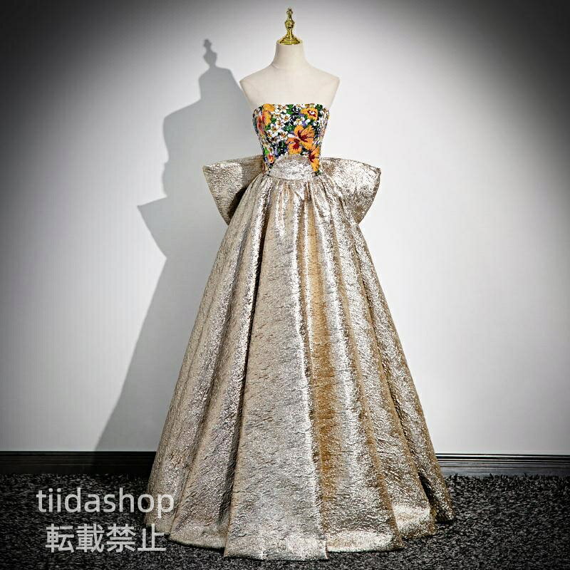 【楽天スーパーSALE】カラードレス ゴールド ジャガード 演奏会 オフショルダー 発表会 二次会 花嫁 ウエディング ウェディングドレス ロングドレス Aライン