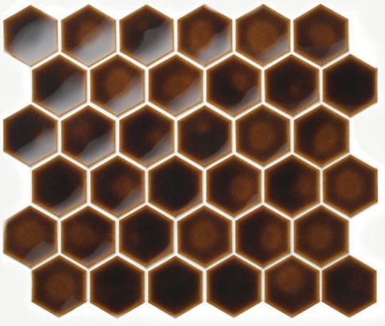 六角モザイクタイル シート　ヘキサグレイズ 磁器 ダークブラウン。和風。トイレ・玄関・浴室（風呂）洗面所のDIYリフォームにOK。艶と色の濃い和風タイル。壁インテリア建材・日本製・美濃焼・耐凍害　モザイクタイル