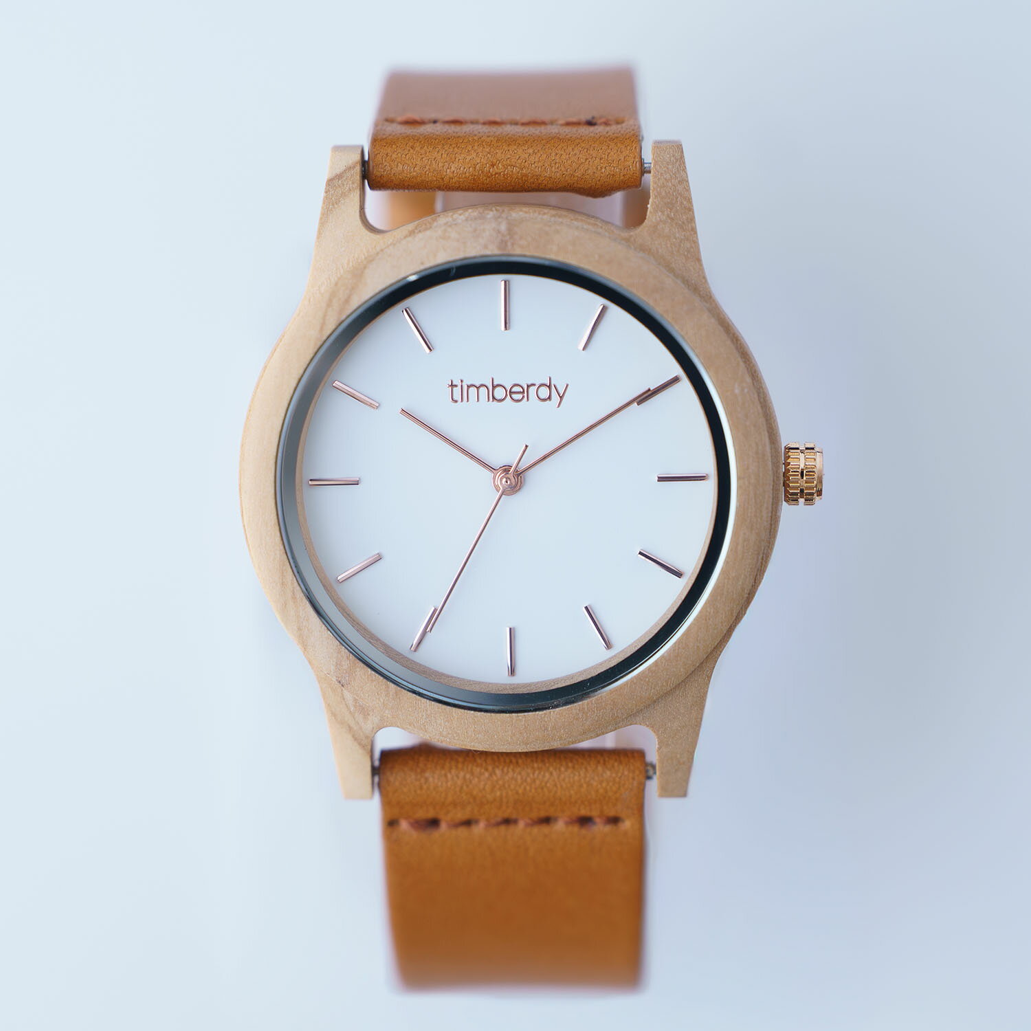 オリーブの木製腕時計 timberdy2.0 ホワイトピンクゴールド 栃木レザー キャメル 男女兼用 電池時計