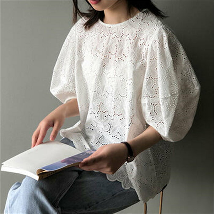 トップス レディース きれいめ カジュアル おしゃれ 薄手 カットソー ブラウス レース シャツ 五分袖 半袖 可愛い パフスリーブ 大きいサイズ フェミニン エレガント 韓国 コーデ