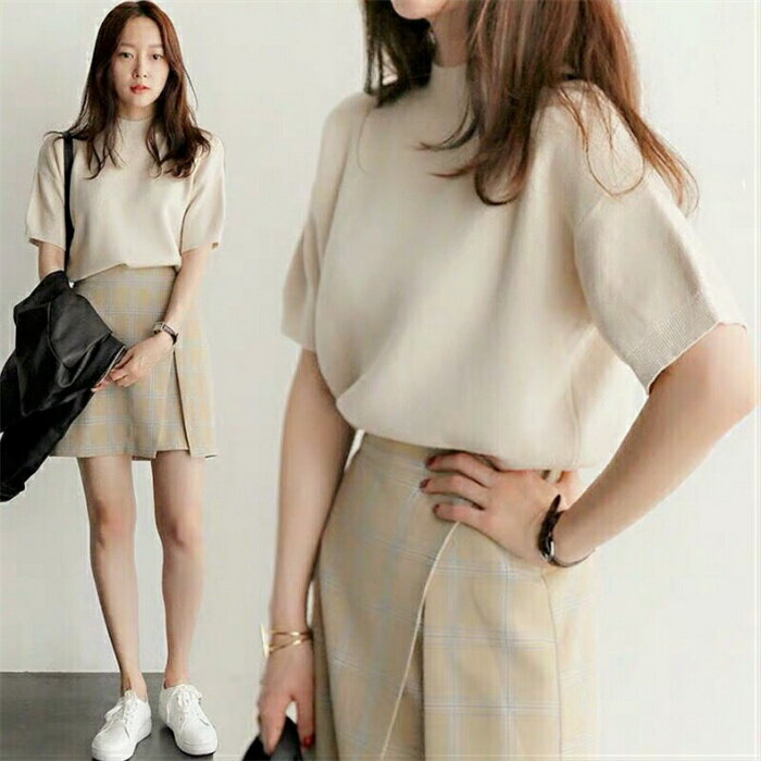 送料無料 ストレッチ プチハイネック リブニット タートル ニット 半袖ニット レディース カットソー ..