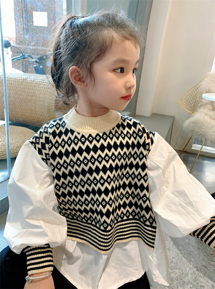送料無料 ベスト レイヤードシャツ 子供服 子供 服 春秋 新作 トップス シフォン シャツ ブラウス モノトーン 長袖 ベスト 重ね着風 おしゃれ ママサイズ ルーズ 女の子 キッズ ジュニア