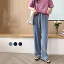 レディース ワイドパンツ デニムパンツ ウエストゴム デニム 接触冷感 春 夏 ボトムス ストレート 無地 薄手 涼しい ロング丈 ストレートパンツ ジーンズ 体型カバー ズボン 着痩せ 美脚|詳細画像
