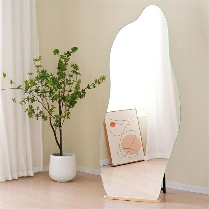 全身鏡 姿見鏡 スタンドミラー ウェーブミラー ノンフレーム イレギュラミラー 立てかけ 姿見 鏡 ミラー おしゃれ 大型 モダン 一人暮らし 新生活 飛散防止 木製台あり 160*50CM