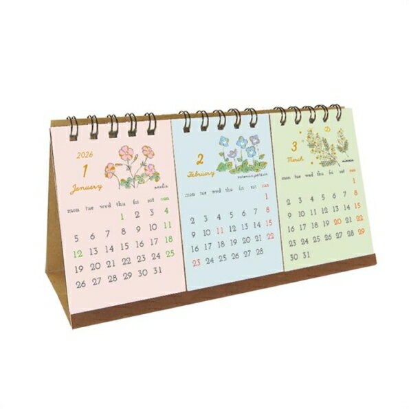 RYURYU リュリュ 2026 1月始まり カレンダー H90×W170 卓上 カレンダー 3ヶ月 フラワー 花 月曜始まり デザイン おしゃれ 大人かわいい シンプル スケジュール帳 手帳のタイムキーパー