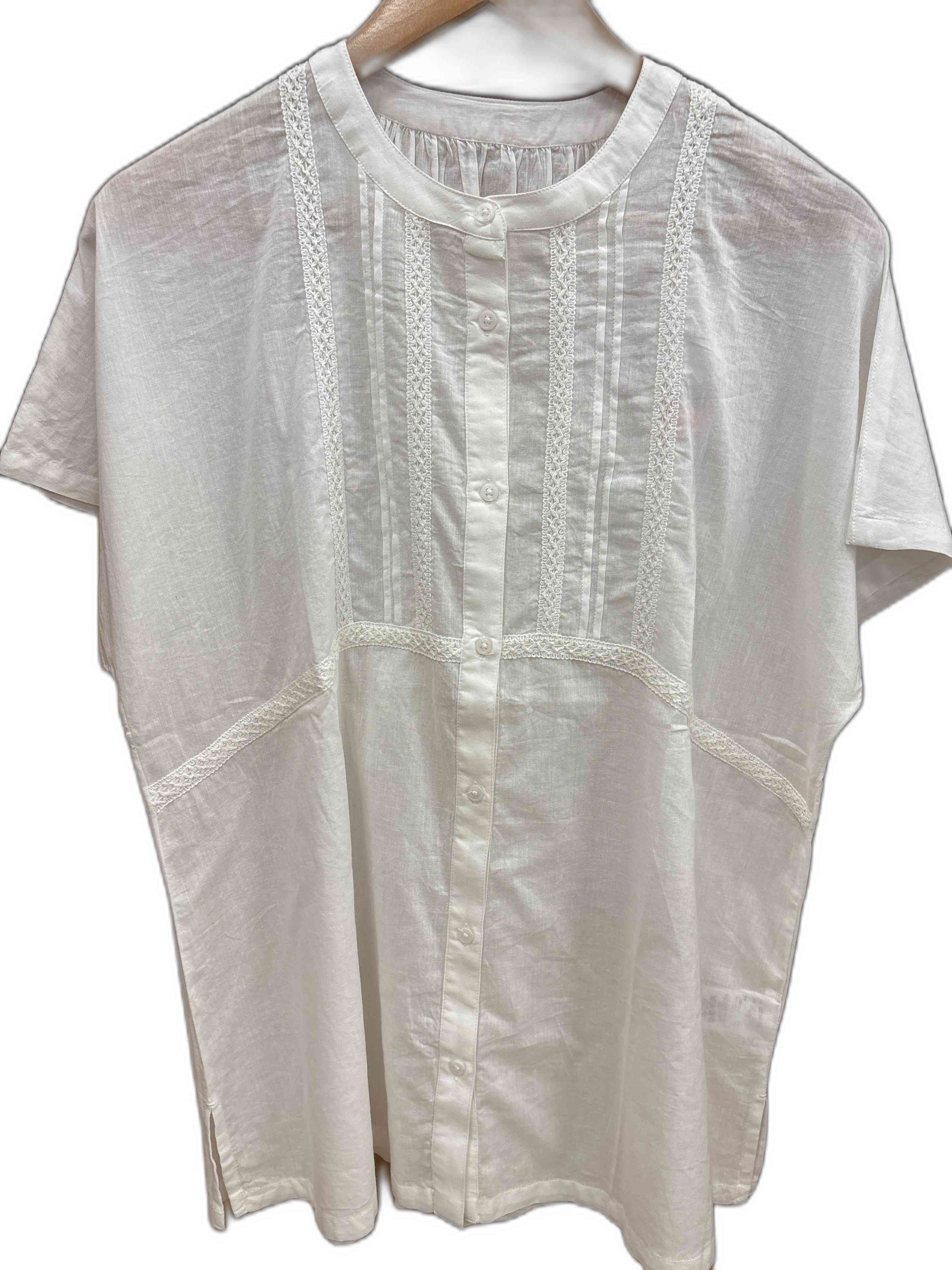 涼しげインドコットンレース付き前開きブラウス