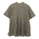 ハナガラ フロントタック 5ブソテ ブラウス / リーフ柄 カーキ 緑 ナチュラルコーデ 森ガール風 スタンドカラー 半袖 体型カバー ゆったりシルエット