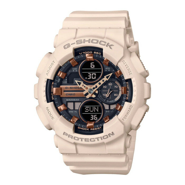 ITEM INFORMATION 強さを求めて飽くなき進化を続けるタフネスウオッチG-SHOCKから、人気モデルGA-140をダウンサイジングさせたモデルです。 レトロでメカニカルなフェイスデザインはそのままに、手元にフィットするコンパクトサイズを実現。インデックスと文字板にはエッジィなメタルパーツを使用し、質感を向上させました。 冬の手元に映えるファッショナブルなG-SHOCKです。 国内型番 日本未発売 駆動方式 クォーツ 機械番号 5613 カラー ケース：ピンク 文字盤：ブラック / ピンクゴールド ベルト：ピンク →他のカラーはコチラ ケースサイズ 49×45.9×15.8mm（H×W×D） ※サイズガイド ベルトサイズ 約130-195mm（調整不要） 推奨腕周り：120-185mm 質量 56g 素材 ケース：樹脂 ベルト：樹脂バンド 風防：無機ガラス 防水 20気圧防水 機能 耐衝撃構造（ショックレジスト） 耐磁時計（JIS1種） ワールドタイム：世界48都市（29タイムゾーン、サマータイム設定機能付き）＋ UTC（協定世界時）の時刻表示、ホームタイムの都市入替機能 ストップウオッチ（1/1000秒、100時間計、速度計測機能（MAX1998 unit/h、2 unit/h単位)、ラップ／スプリット計測切替） タイマー（セット単位：1分、最大セット：24時間、1秒単位で計測、オートリピート） 時刻アラーム5本（1本のみスヌーズ機能付き）・時報 LEDライト（オートライト、残照機能、残照時間切替（1.5秒/3秒）付き） フルオートカレンダー 12/24時間制表示切替 平均月差：±15秒 電池寿命：約2年 ※時計にあらかじめセットされている電池は、時計の機能や性能をチェックするためのモニター用電池です。 →新品電池に交換はコチラ 保証 レビュー投稿で弊社10年保証（通常は弊社1年保証） 付属品 保証書 英語取扱説明書 純正ボックス（海外輸入品の為、箱に多少の擦れや凹みがある場合がございます） ギフト ギフトバッグ（推奨サイズ：COTTON BAG / S、PAPER BAG） 対象年齢 小学生 中学生 高校生 大学生 10代 20代 30代 40代 50代 60代 70代 80代 90代 100代 関連ワード 人気 おしゃれ かっこいい かわいい 安い おすすめ ファッション シンプル カジュアル マット 頑丈 多機能 きれいめ クラシカル アメカジ ストリート系 モード デザイン ビビッドカラー ネオンカラー カラフル 派手 逆輸入 大人 定番 一生もの 高品質 低価格 メンズ レディース 男の子 女の子 男性 女性 男女兼用 ユニセックス スーツ 仕事用 通勤 通学 学生 OL 会社 オフィス オフィスカジュアル ビジネス ビジカジ ワークアウト トレーニング スポーツ 運動 ランニング アウトドア キャンプ フェス イベント 旅行 レジャー 新生活 お祝い 就職 就活 防災 古希 還暦 米寿 成人 記念 オールシーズン 春夏 秋冬 gショック ジーショック 備考 ※※あす楽でご注文の場合、ご注文のキャンセルに関しましては対応できかねます。ご注文時にお間違いの無いようご注意の程お願い致します。※※※通常のご注文に関しましては、発送当日12時までにご連絡をいただけましたらキャンセル手配をさせていただきます。※ その他サービスに関する詳細は、ショッピングガイドをご確認下さい。