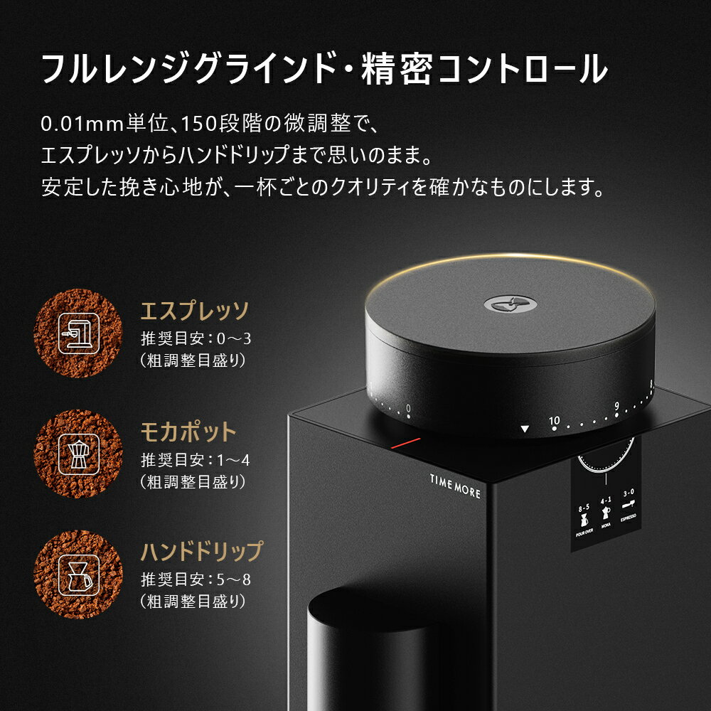 TIMEMORE公式 Bricks 01S 電動コーヒーミル タイムモア 電動式コーヒーグラインダー150段階の粗さ調節可能 均一な粒度 振動式粉落とし・セーフティロック・高性能モーター｜ 自宅/オフィス/カフェ/ギフト用 2