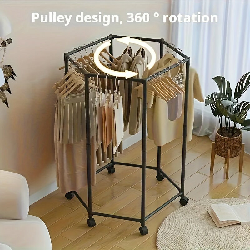 Rakuten - 360°回転式ワードローブ収納ラック 頑丈 丈夫 強い ぐらつかない シンプル スリム おしゃれ シングル スチールパイプ キャスター付き 大型 大容量収納 ポール 組立簡単
