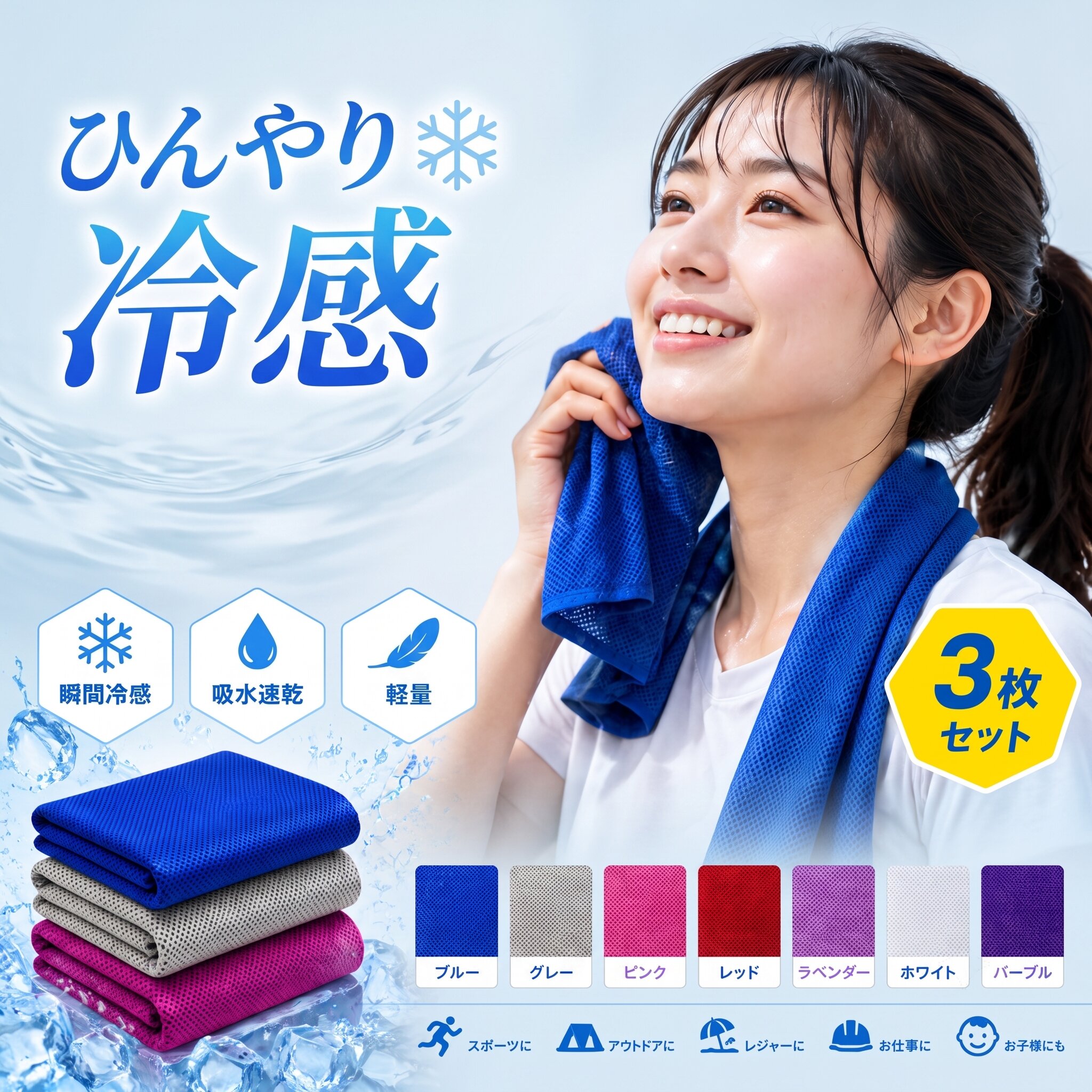 商品名：冷感タオル 主な特徴 瞬間ひんやり効果 水で濡らして軽く絞るだけで、気化熱により即座に冷却感。振るだけでもひんやりを実感できます。 接触冷感素材を採用 肌に触れた瞬間から冷たさを感じ、暑い季節の熱中症対策に最適です。 吸水速乾 汗を素早く吸収し、速乾性に優れたメッシュ構造でベタつきを防止。いつでも清潔でさらっとした使い心地が持続します。 軽量＆コンパクト 持ち運びに便利でかさばらない。スポーツ、アウトドア、通勤・通学、日常生活など様々なシーンで活躍します。 繰り返し使える 洗濯しても冷感効果が持続し、経済的で長くご使用いただけます。 3層構造で冷却持続 ひんやり外層・吸水中芯層・爽快ボトム層の3層構造が、汗を吸い取り体温の上昇を抑え、長時間快適さをキープします。 こだわりの縫製 ロック加工によりほつれにくく、耐久性抜群。高品質仕上げで長期間お使いいただけます。 環境に優しい染色 環境配慮型の染色方法を採用。色落ちしにくく、安心して毎日使用可能です。 豊富な7色から選べる 好みに合わせてお選びいただけます。 おすすめシーン スポーツ、ジム、アウトドア、通勤・通学、熱中症対策、日中の暑さ対策、レジャー、日常生活全般。 体感温度マイナス5℃の瞬間冷却で、暑い夏を快適に過ごすための必須アイテムです。